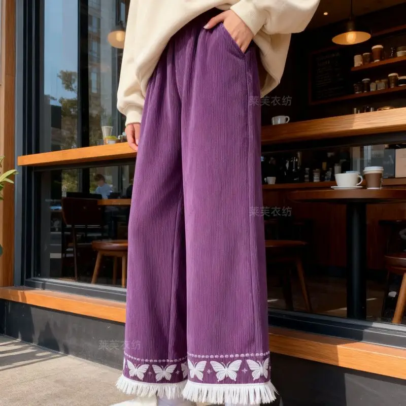 

Брюки с кисточками и вышивкой бабочки, женские свободные вельветовые брюки с карманами, осенне-зимние брюки с эластичной резинкой на талии, китайские