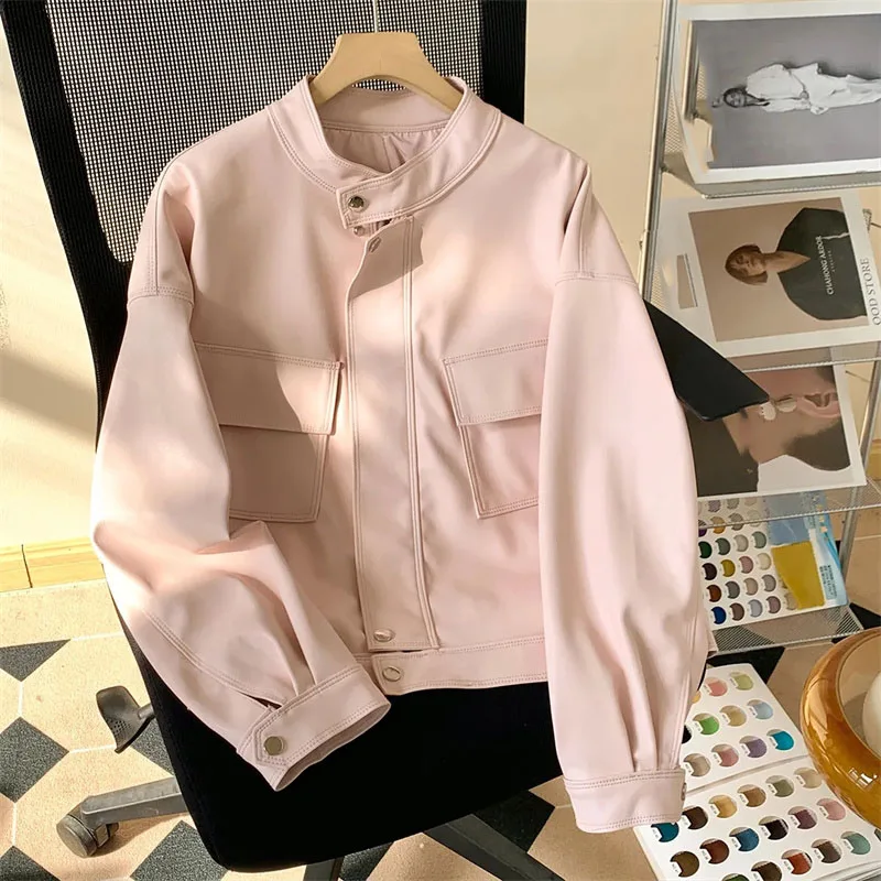 Chaqueta de cuero de manga larga para mujer, abrigo corto de Color liso, estilo Retro, a la moda, para primavera y otoño, 2024