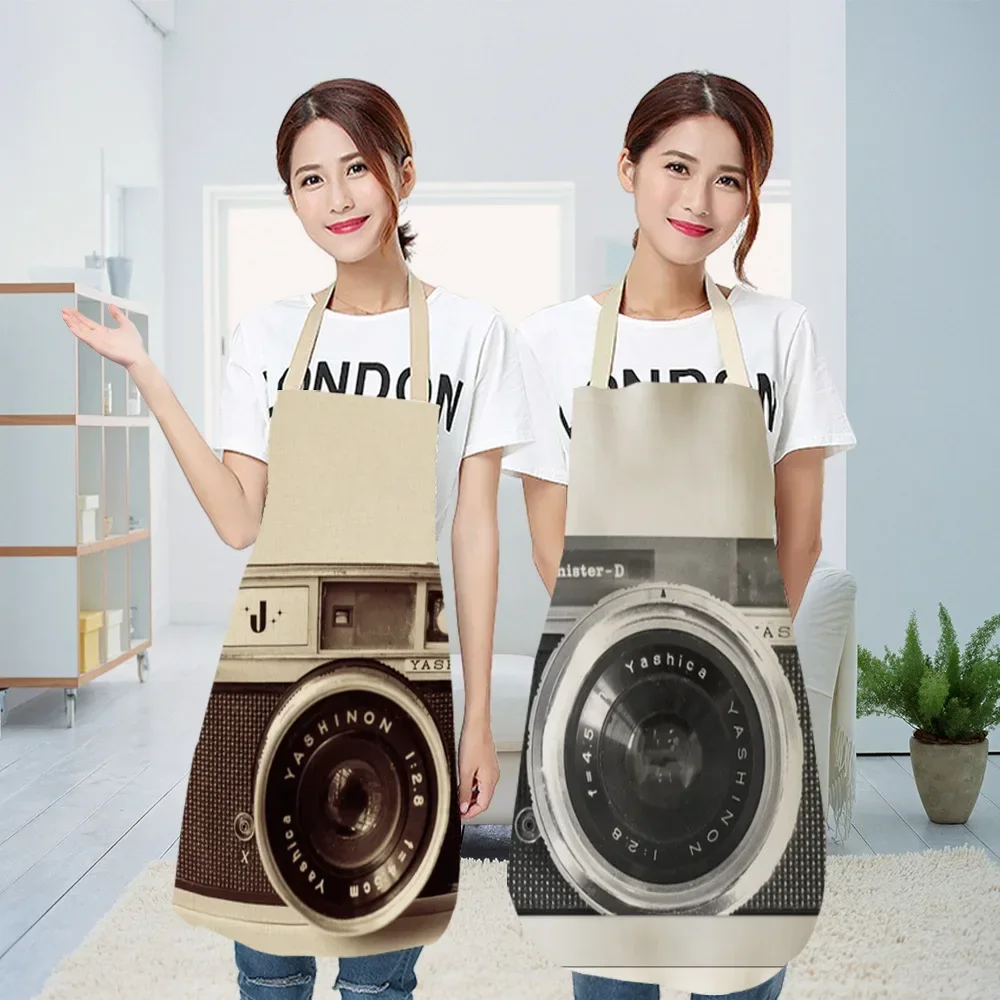 Cotton Linen Creative Cartoon Camera Apron Supports Drawing Bib Sleeveless Brief Cleanling Kawaii 2 Size 68x55cm/47x38cm Mandil