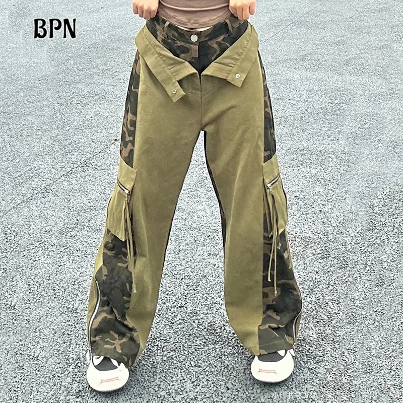 

BPN Streetwear Camouflage Jeans For Women High Waist Hit Color Patchwork Pockets Casual Loose Wide Leg Denim Pants Female Style