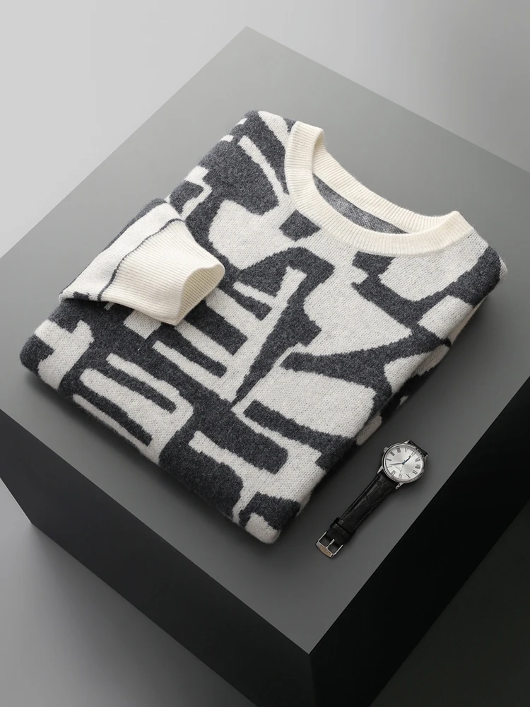 خريف شتاء جديد 100% الكشمير الرجال سترة موضة محبوك الجاكار البلوز القمم اللون منعت الجولة الرقبة سميكة ملابس رجالي