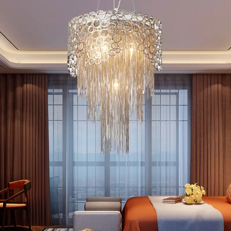 American style tassel chandelier creative bedroom dining room living room Club Hotel circular simple aluminum chain Chandelier