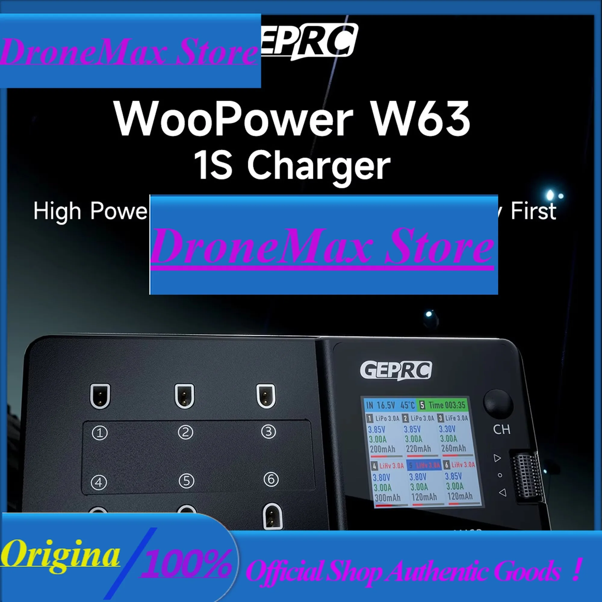 DroMaGEPRC WooPower W63 1S Charger 3A Channel Charging With Six Independent Ports Supports LiPo/LiHV And LiFe 1S Batteries