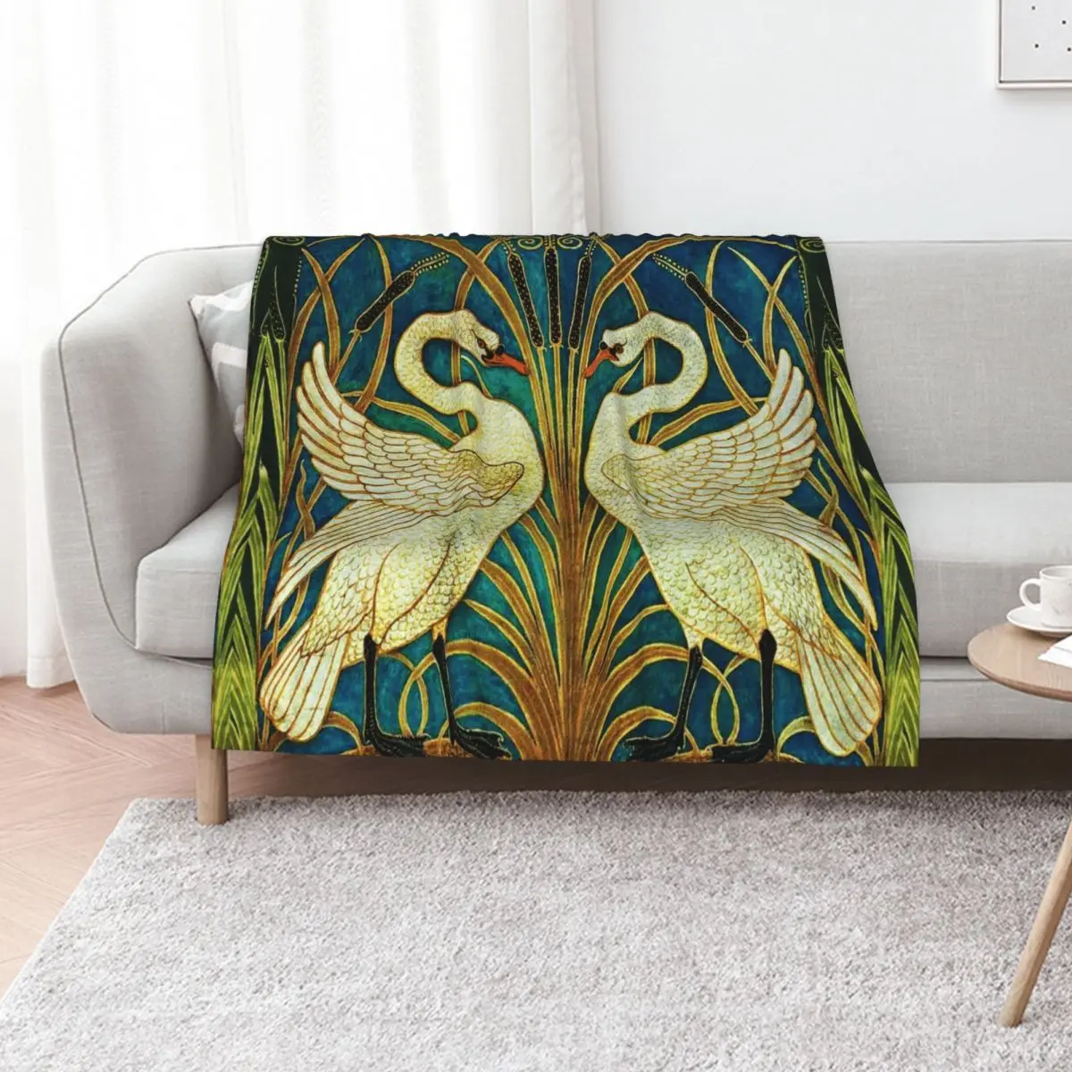 

TWO WHITE SWANS AMONG REEDS IN BLUE Art Nouveau Animals Throw Blanket Weighted Plaid cosplay anime Luxury Thicken Blankets