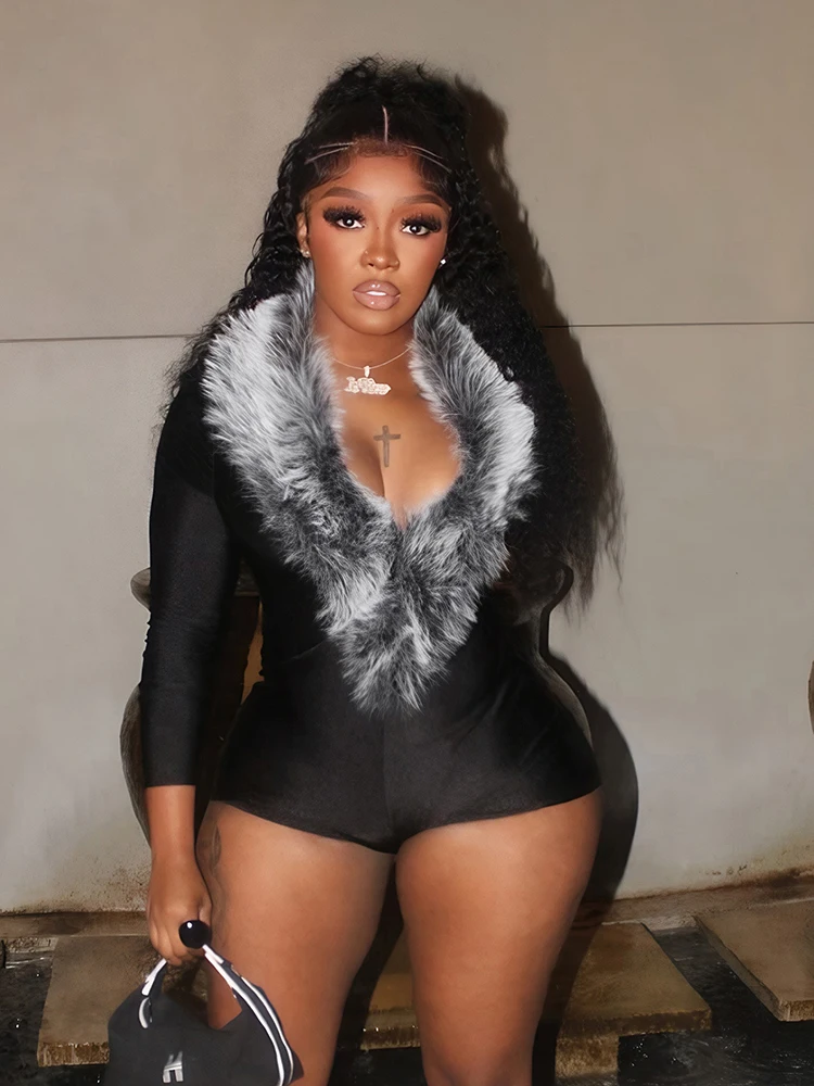 Dziwaczny kombinezon z futerkiem, głęboki dekolt w serek, seksowny, luksusowy, z długim rękawem, obcisły, do ćwiczeń fitness, na co dzień, streetwearowy, hipster, playsuit.