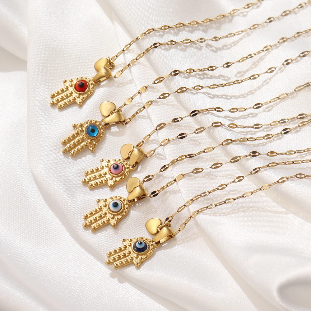Trend Colorful Devil's Eye Beads Necklace For Women Stainless Steel Lip Chain With Fatima Hand Pendant Choker Jewelry Wholesale image 4