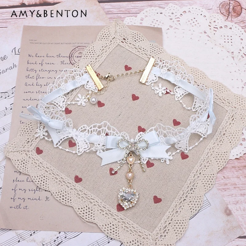 Handmade Sweet Mine Series Mass-Produced Lace Bow Heart Rhinestone Kawaii Necklace Japanese Cute Heavy Industry Lolita Chains