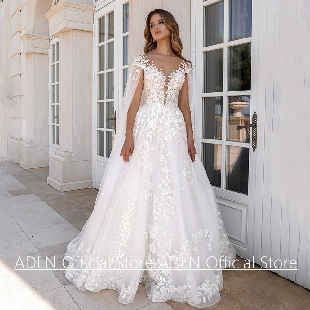Neues Hochzeitskleid mit Ärmelumhang, maßgeschneidert, Flügelärmel, U-Ausschnitt, A-Linie, Spitze, Brautkleid, Sweep-Zug, glitzernde Brautkleider