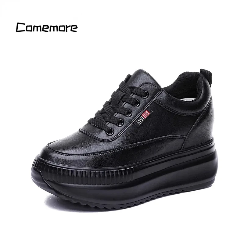 Comemore Platform Wedge Female Women 8CM Heels 2023 Sneakers Chunky Spring Autumn Shoe Women Genuine Leather Casual Black Shoes