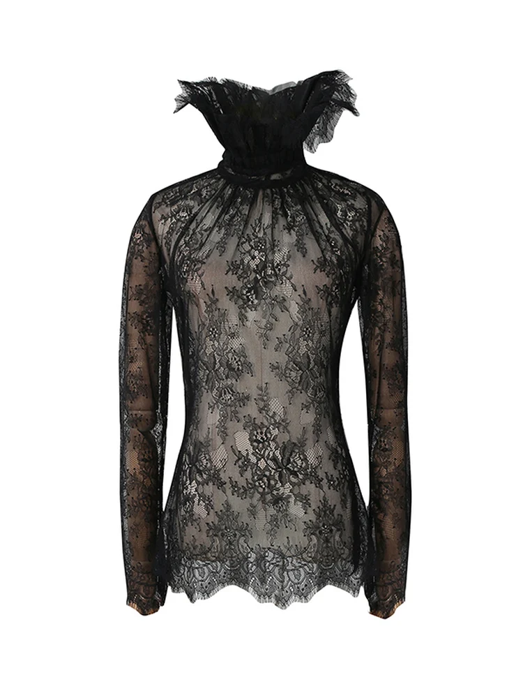 

VGH Retro European Court Style Lace Embroidery Hollow out Long Sleeve Drawstring Neck Base Shirt Trendy Women's Fashion