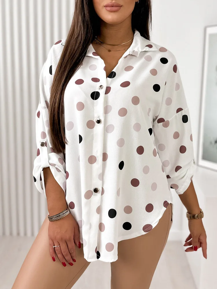 Elegant Women\'s White Blouse Casual Top Spring/Summer 2023 Print Loose Fit Long Sleeve V-Neck Button Long Shirt Fashion Blusa