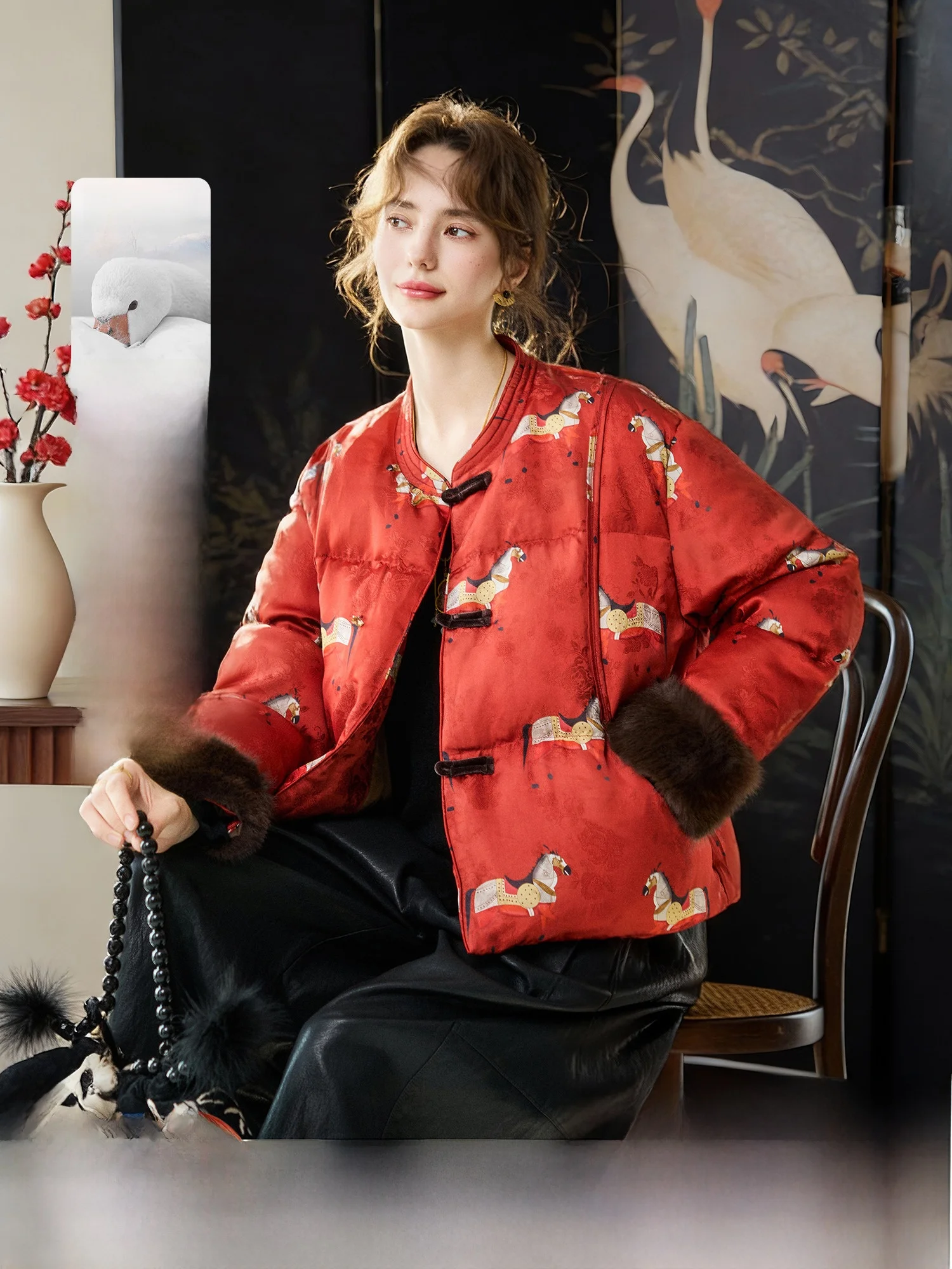 

New Chinese Sle Du down Jaet High Puffin Large Fluffy New Year Red Traditional Chinese Sle Women's Winter Coat