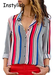 Office Lady Long Sleeve Striped Lapel Shirts Casual Chiffon Blouse Elegant Loose Tops All Match Simple Chic Women Clothing Tunic