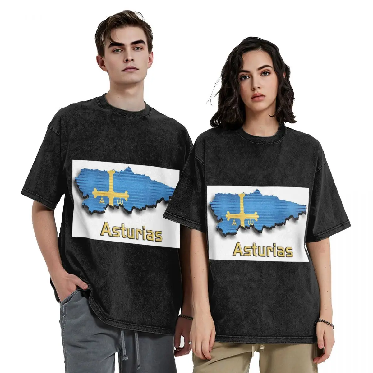 Asturias Flag Hip Hop Short Sleeve T-Shirts Washed Tops Tees Streetwear T Shirt Casual for Men Women