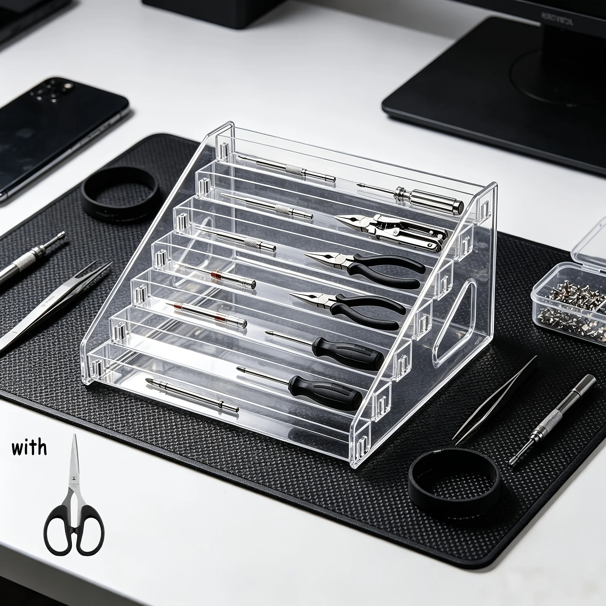 2pcs Set, 7-Tier Clear Acrylic Tool Storage Organizer Rack,Slant Layer Screwdriver Pliers Tool Display Rack