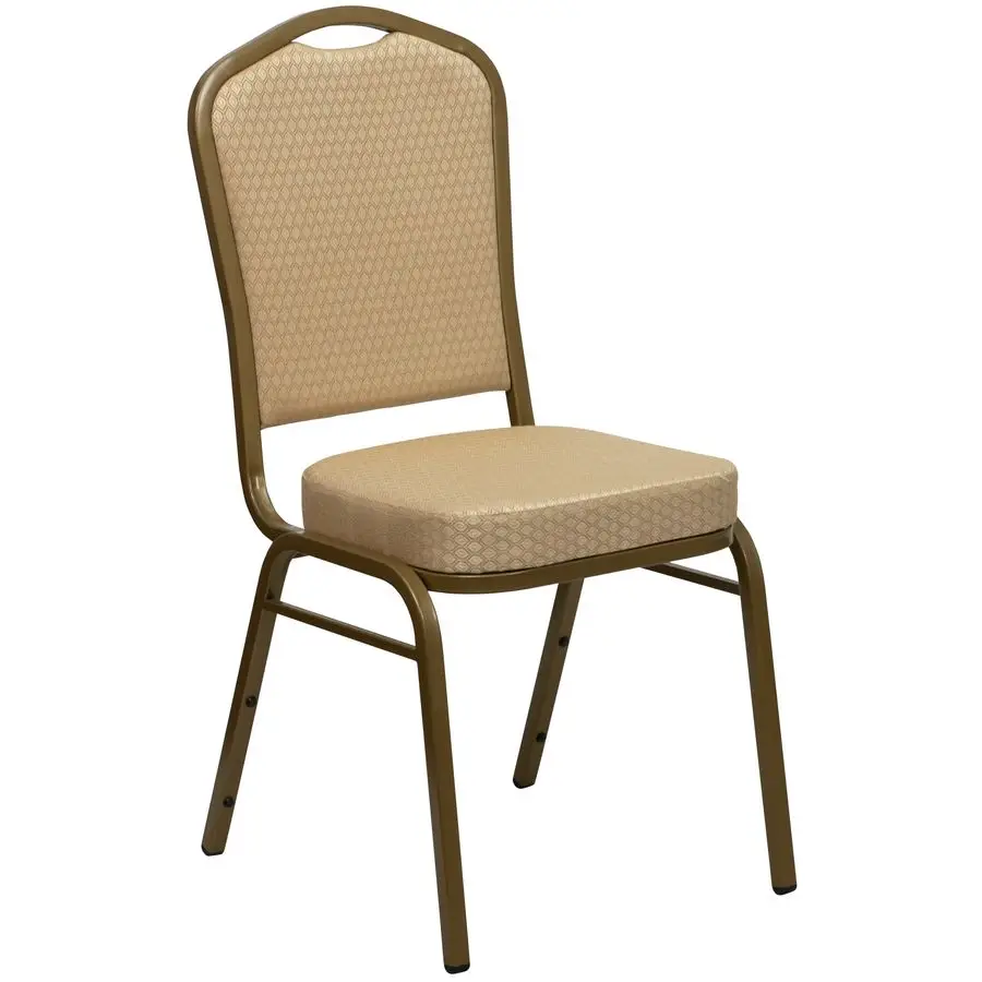 Crown Back Banquet Chair, Beige Patterned Fabric Gold Frame