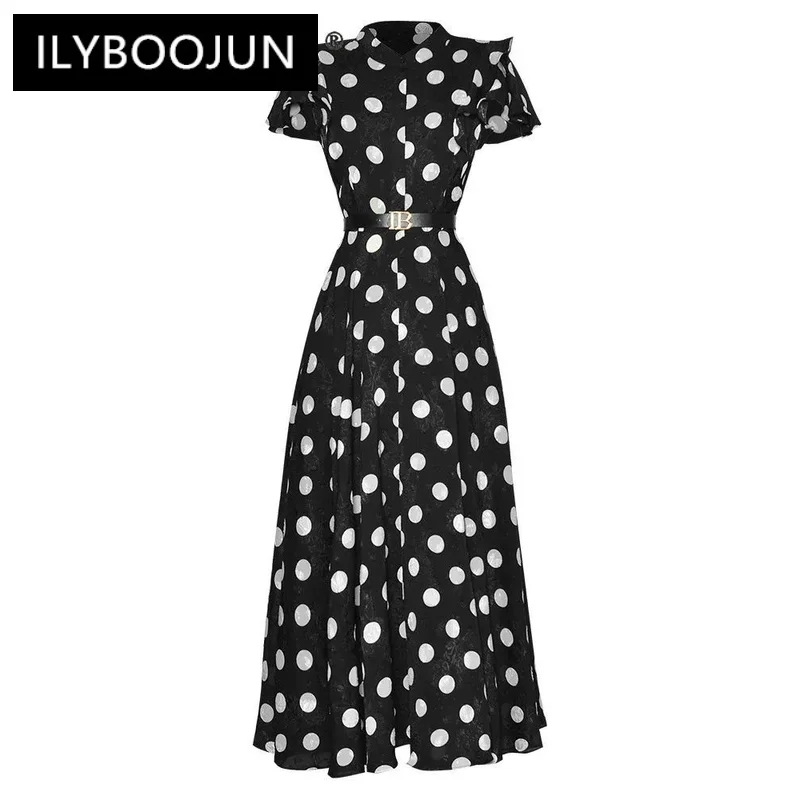 

ILYBOOJUN Fashion Designer Summer Women's Dress Embroidery Dot Print Butterfly Sleeve Sashes Chiffon Single Breasted Dresses