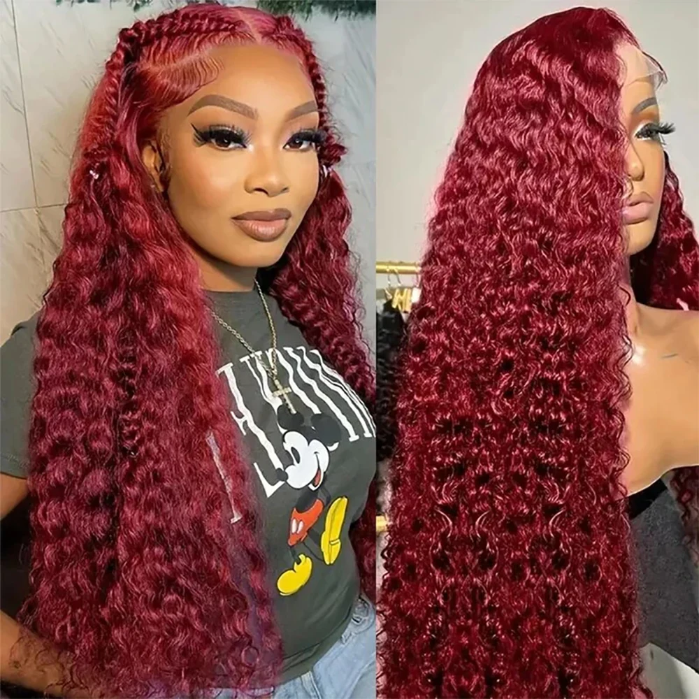 Burgundy Lace Front Wigs Human Hair 99J Water wave Wig 13x6 Lace Frontal Wigs for Women Pre Plucked Red Colored Deep Curly Wigs