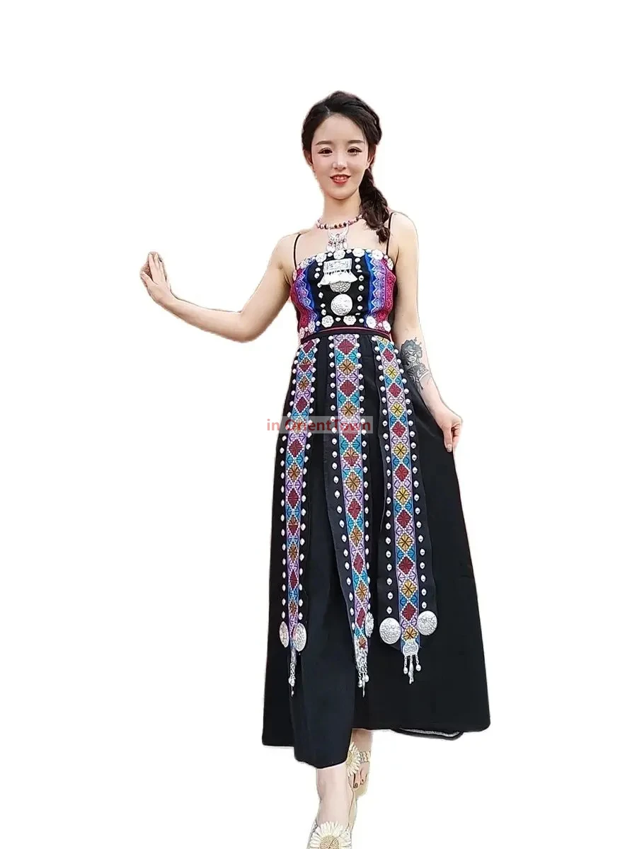 Chinese Folk Dance Costume National Festival Party Suit Vintage Women Stage Wear Embroidered Summer Dress