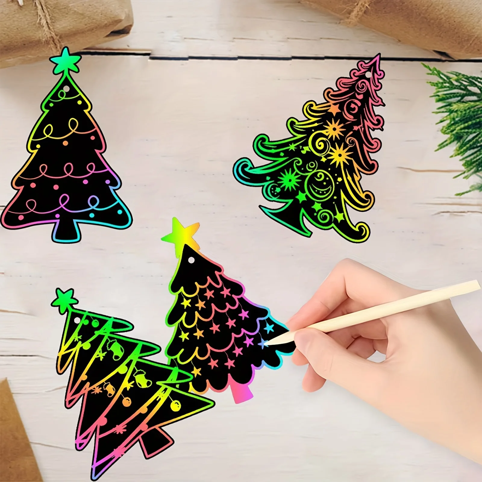 24pcs Rainbow Scratch Art Paper - DIY Christmas Ornaments & Party Favors - Tree Pattern, Best for Decoration