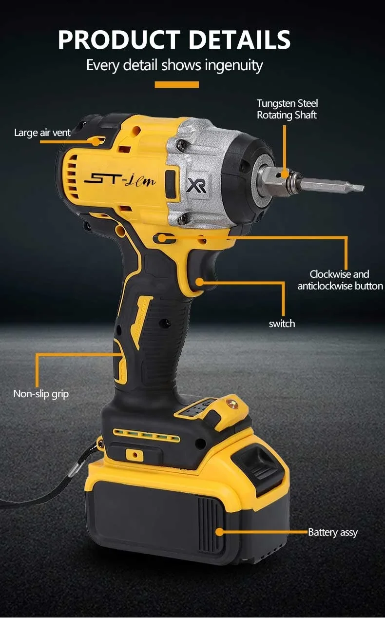 Battery Electric Impact Wrench 20v Industry Cordless Brushless High Torque 1000 N.m