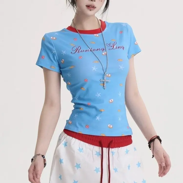 

Retro Contrast Color Y2k Starfish Full Embroidery Short T-shirt Summer Hot Girl Short Sleeve Women