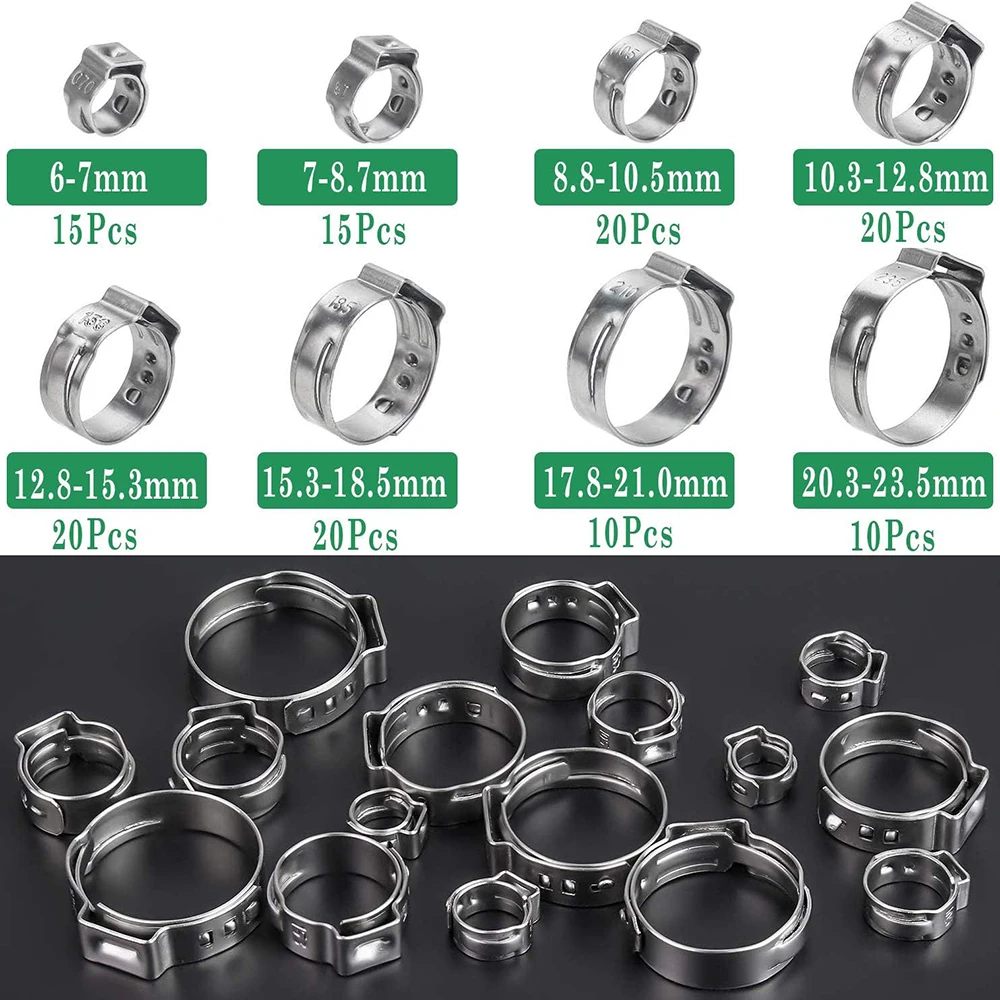 130Pcs 7-23.5mm Single Ear Hose Clamps 304 Stainless Steel PEX Stepless Cinch Crimp Ring Pinch Clamp for Pipe Fitting Connection