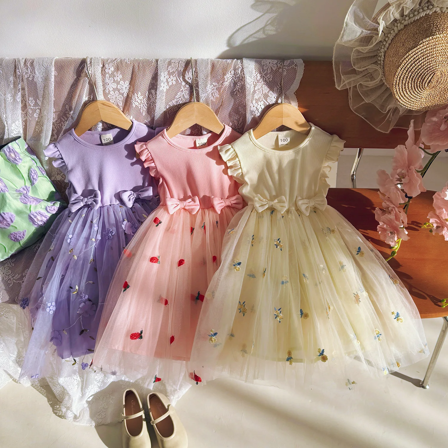 

Summer Flower Embroidery Mesh Girls' Dress with Bow, Sweet Children's Princess Skirt, Fluffy Skirt