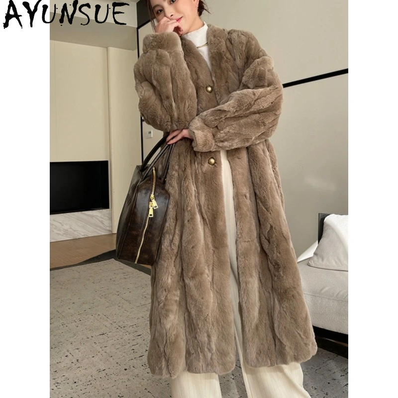 AYUNSUE ريكس معطف فرو الأرنب امرأة فاخرة 2025 جواكت شتوية امرأة منتصف طول المعاطف النسائية موضة ملابس امرأة كردنهكا Жénska