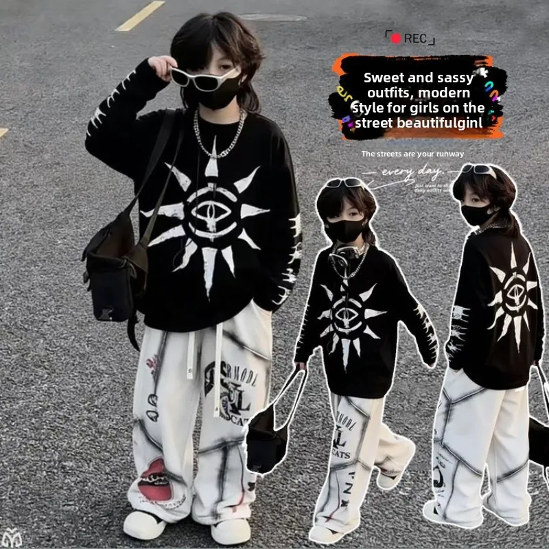 2026 Spring Boys' and Girls' Cool and Stylish Hip Hop Loose Long-Sleeve Sweatshirt + Printed Pants Casual Two-Piece Set