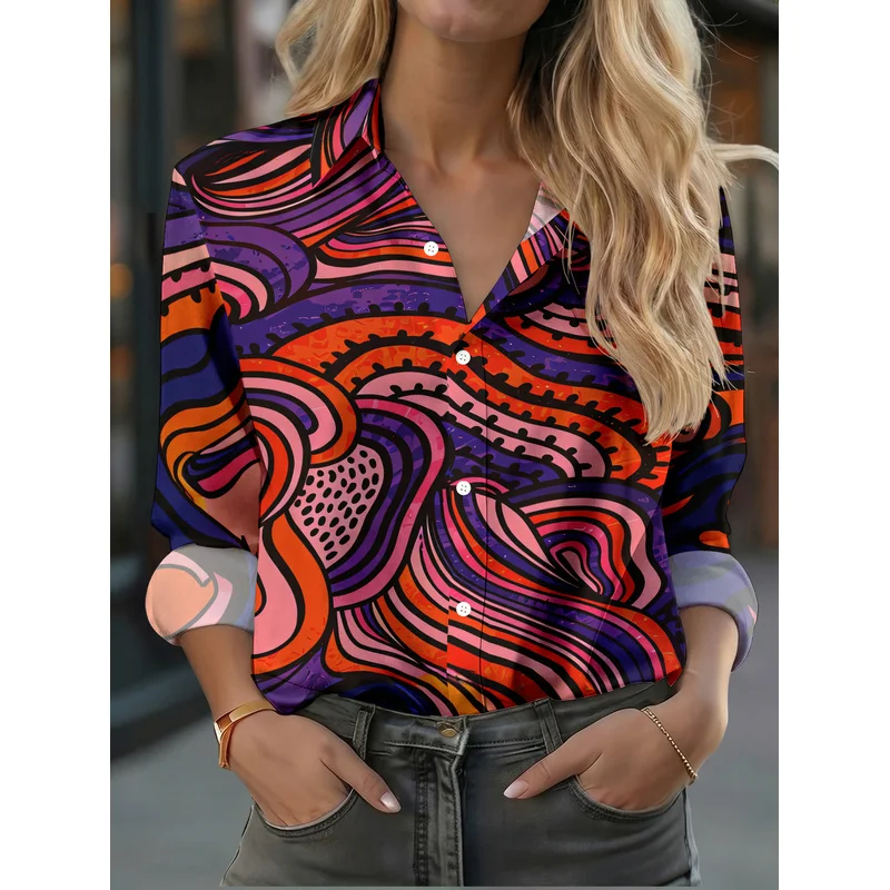 New Women's Casual Long-Sleeve Shirt with Colorful Wave Swirl Pattern, Psychedelic Visual Effect, Versatile Top for