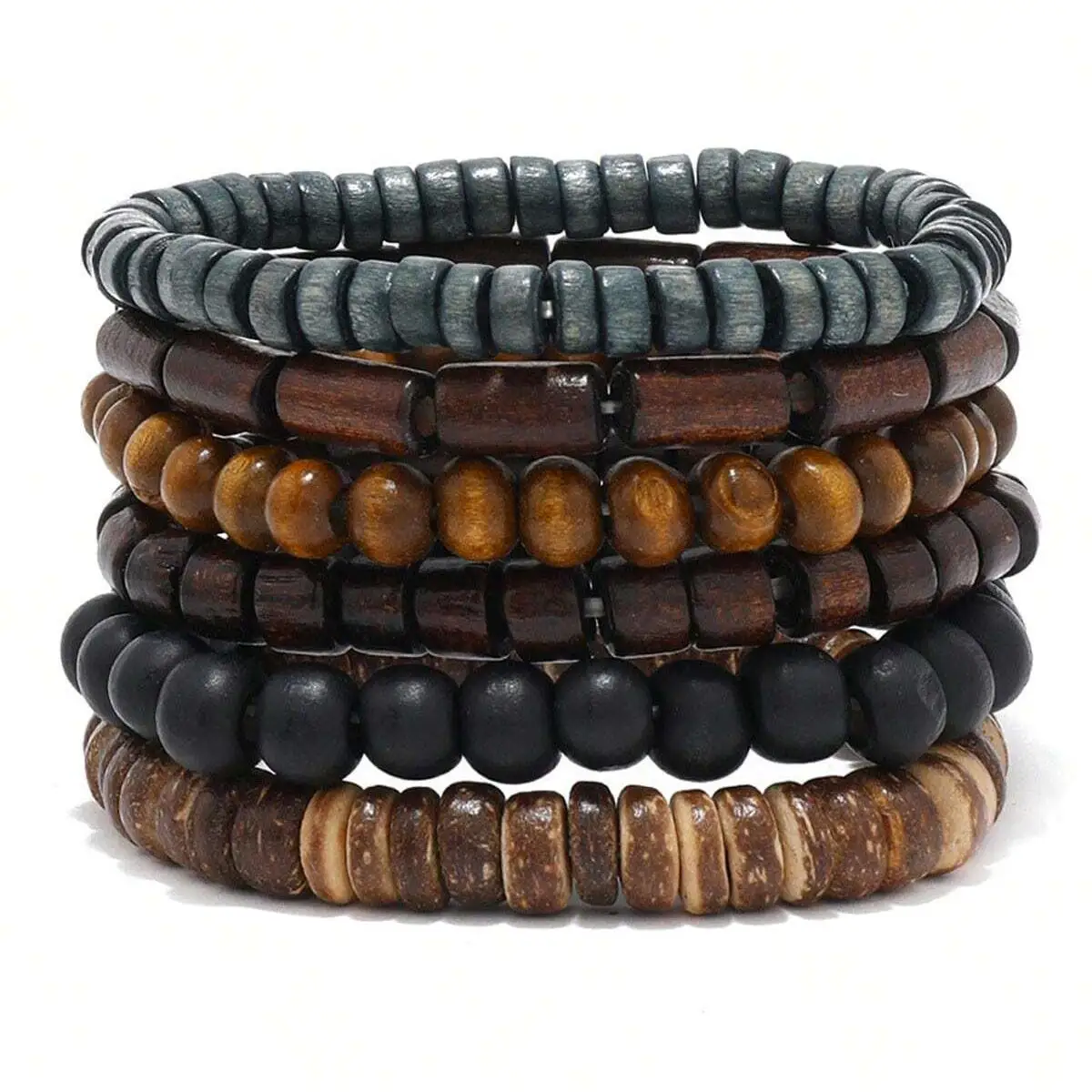 6PCS  Wodeen Braided Wrap Leather Bracelet for Men Vintage Life Wood Beads Fashion Male Armband