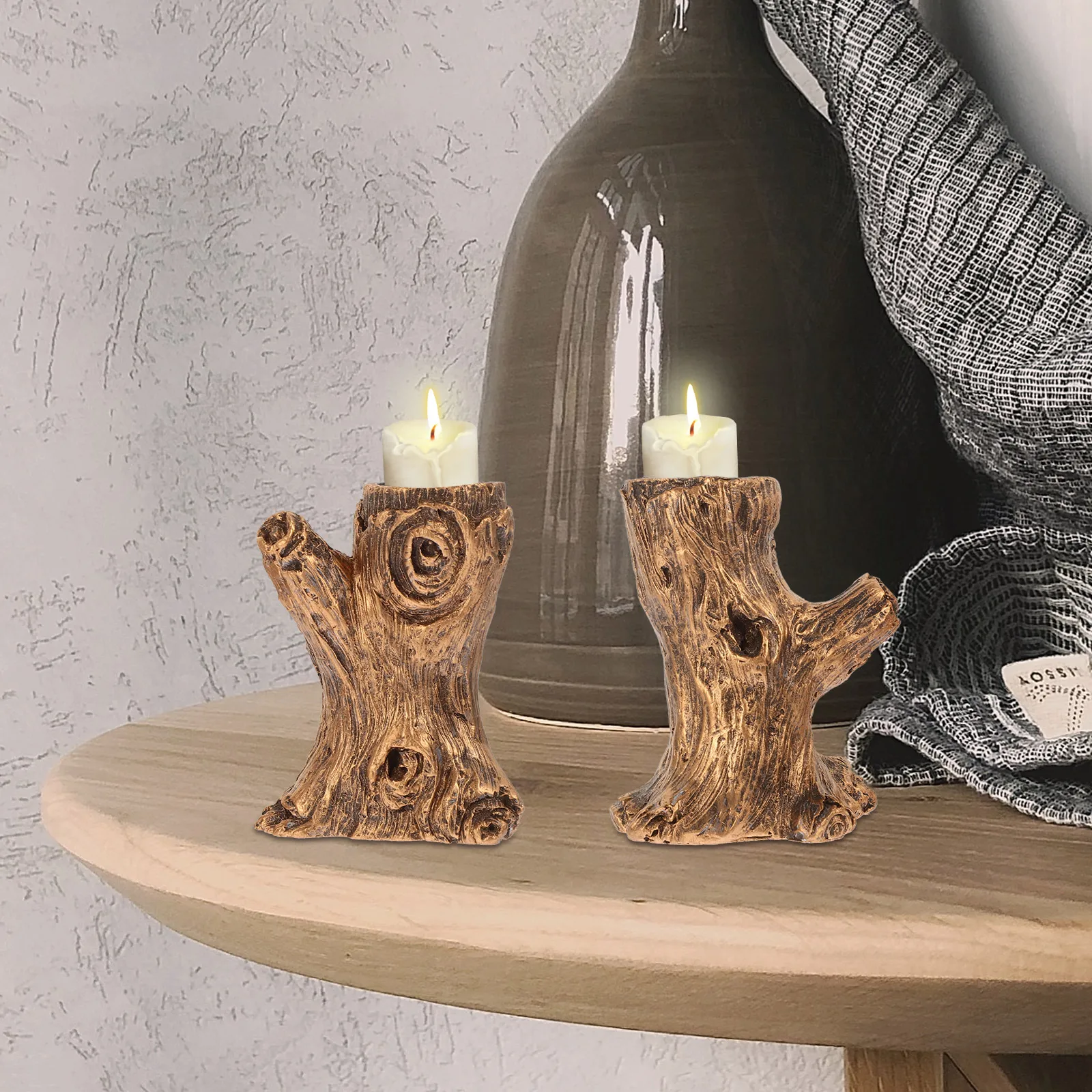

1 Pair Tealight Holder Tree Stump Candlestick Resin Craft Vintage Style Wedding Party Decoration Stand For Home Desk