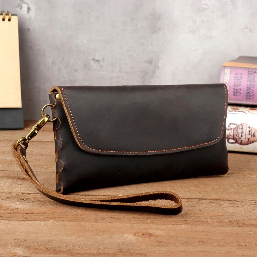 Crazy Horse Leather Clutch Long Wallet Large Capacity Phone Pouch Vintage Top Grain Cowhide Mens Wristlet Handbag Bag