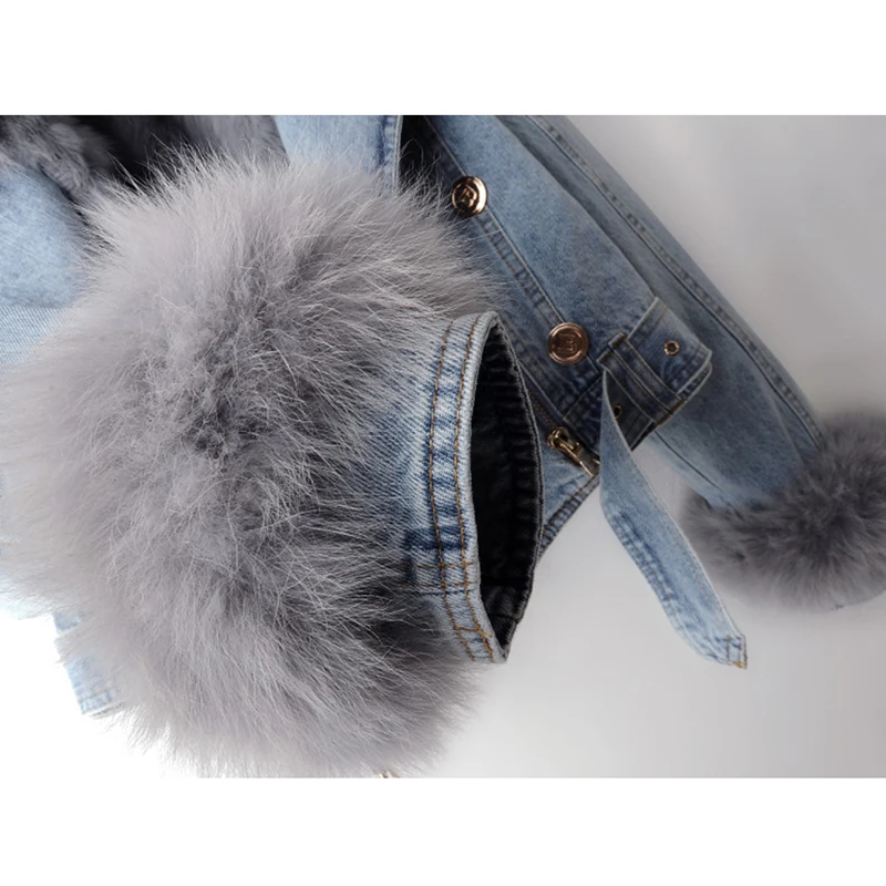 Winter Natural Fox Fur Collar Rabbit Fur Liner Denim Jacket Women Cowboy Outerwear Loose Short Zipper Jeans Jacket Coat Female