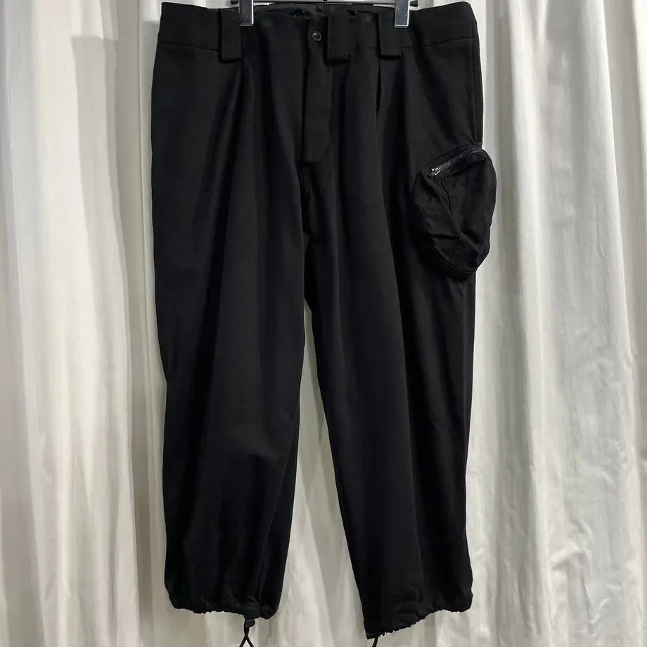 

TOP-YAMAMOTO ® Workwear-style black multi-pocket casual pants for men, loose straight fit with a drape-like appearance, long len
