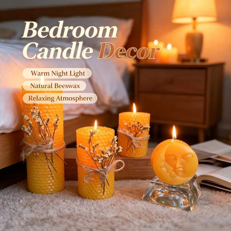 4pcs Natural Beeswax Pillar Candles, with Artificial Flower Decorations, Home Decor, Christmas Gift and Party Decoration