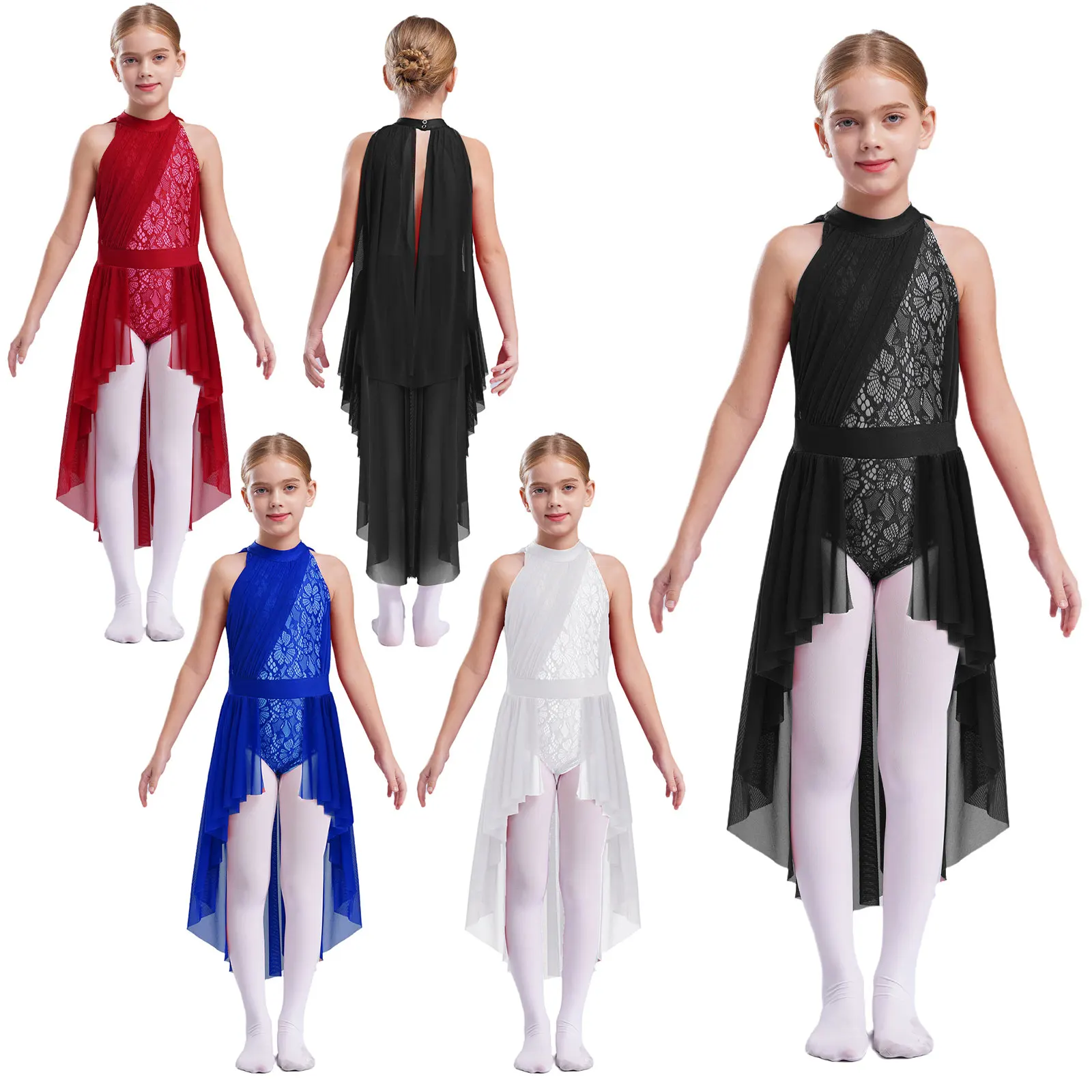 Kids Girls Sleeveless Ballet Dance Dress Lace Mesh Overlay Skirted Leotard Gymnastics Modern Contemporary Lyrical Dance Clothes