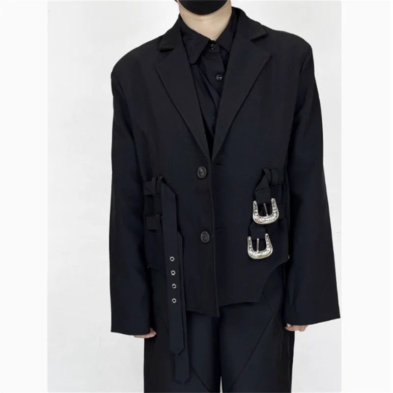 Dark short small suit men loose asymmetrical waist buckle decoration small fashion suit coat