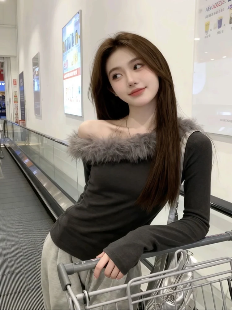 Camiseta Feminina de Outono/Inverno com Gola de Pele Inclinada e Design Americano Estilo Spicy Girl - Pure Desire