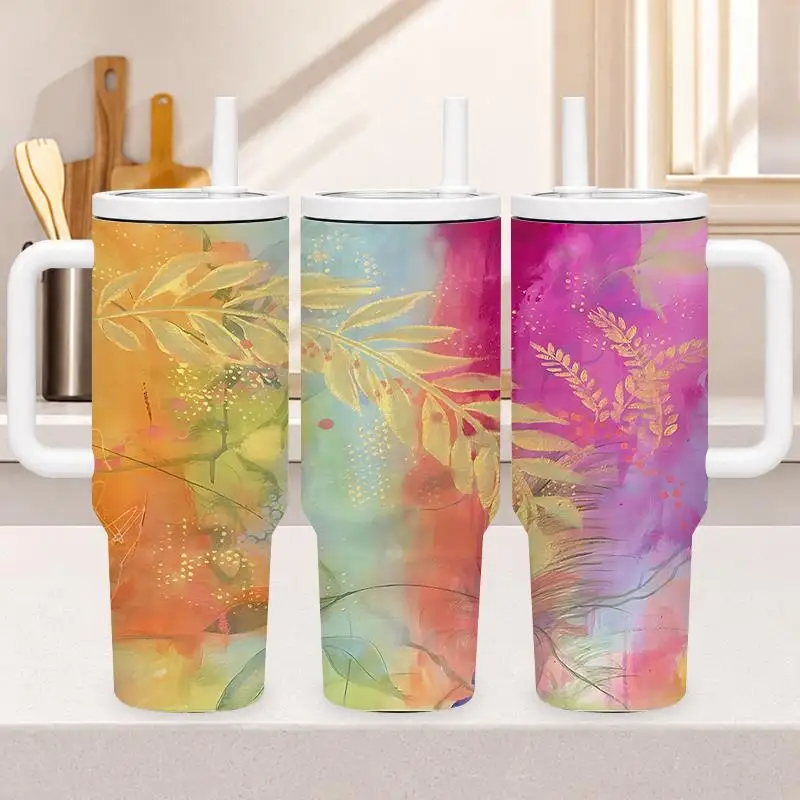 1pc 40oz 304 Stainless Steel Hand-held Cup Colorful Watercolor Golden Leaves Floral Pattern Insulated Tumbler with Handle And Straw for Home Office Travel Outdoor Suitable Gifts for Halloween Christmas And Other Special Festivals