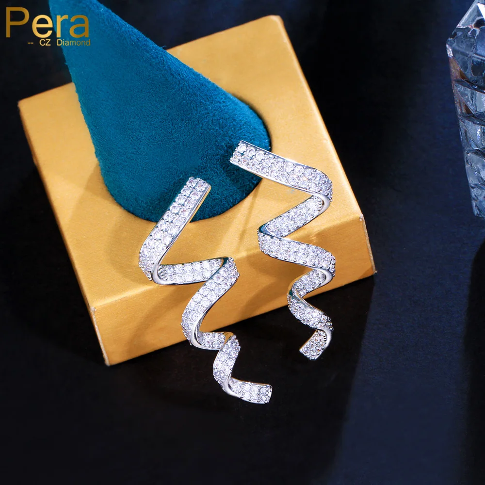 

Pera Symmetrical Silk Ribbon Deisgn Clear White Cubic Zirconia Long Women Costume Party Drop Earrings Silver Color Jewelry E113