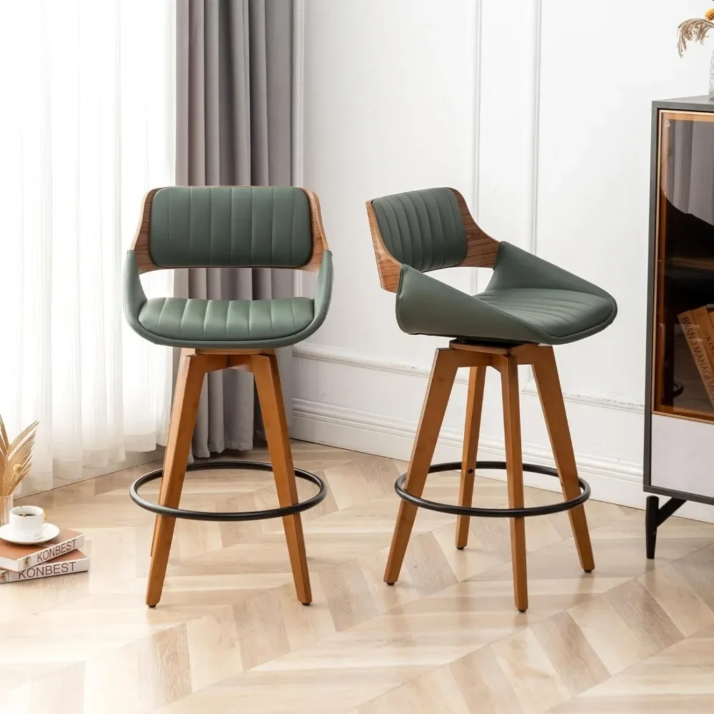 Swivel Bar Stools Set of 2 Mid Century Modern Faux Leather Upholstered Counter Height Barstools,Kitchen Island Wooden