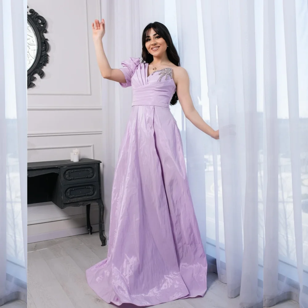 Customized High Quality Exquisite  Satin Rhinestone Draped Beach A-line One-shoulder Bespoke Occasion Gown Long DressesEvening