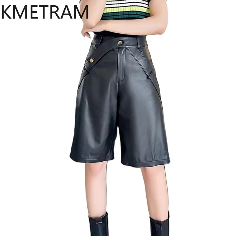 KMETRAM 100% Top Layer of Sheepskin Women Pants Autumn 2025 Genuine Leather High Waisted Black Knee-length Shorts Woman Clothing