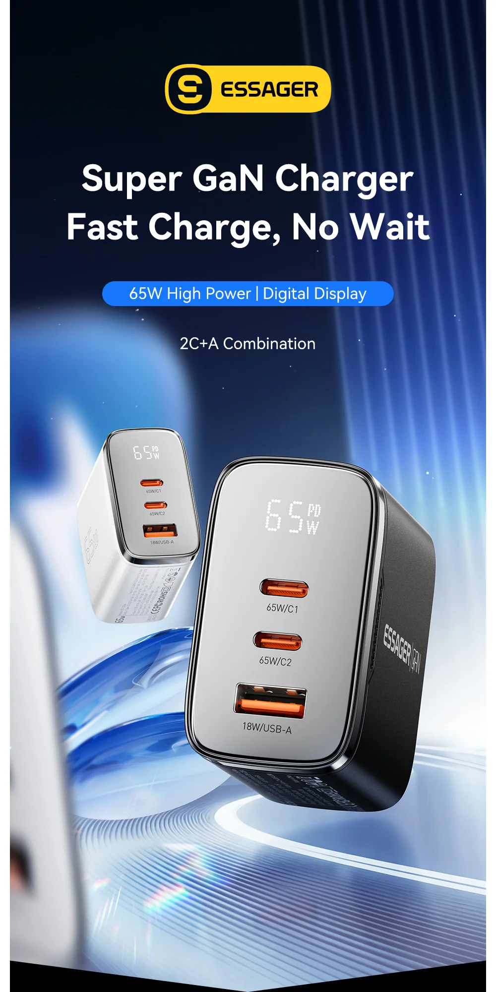Essager 65W GaN USB Typ-C Ladegerät mit Digitalanzeige Mehrfach-Schnellladegerät für iPhone Huawei Samsung iPad MacBook Laptop – Detail 1