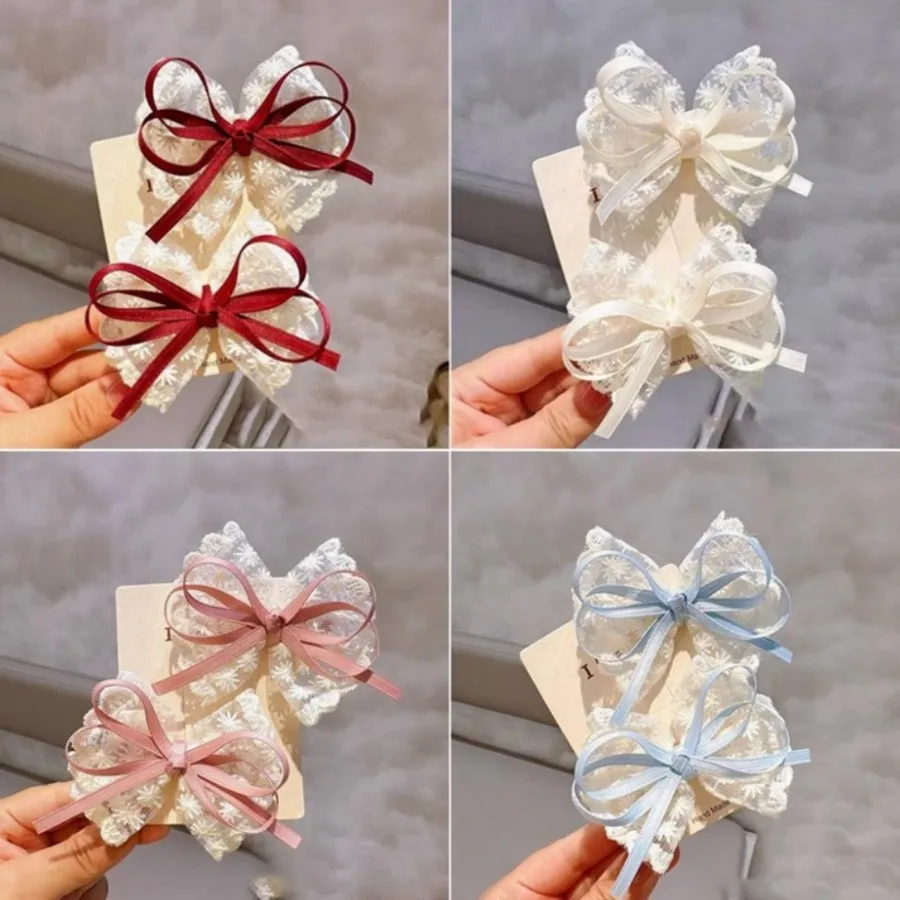 

Korean lace bow children's headgear with little girl temperament lace hairpin heavy handmade high-end headgear hairpin