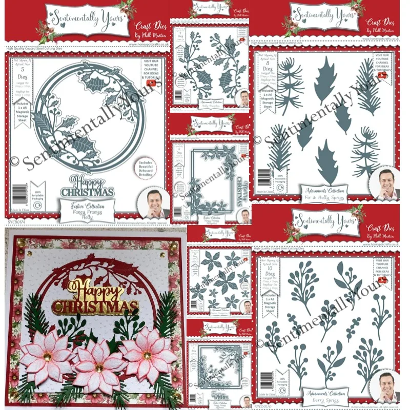 Happy Christma Berry Sprigs Poinsettias Holly Branches Fancy Frames Mistletoe Metal Cutting Dies Decorate Embossing Diy 2024 New