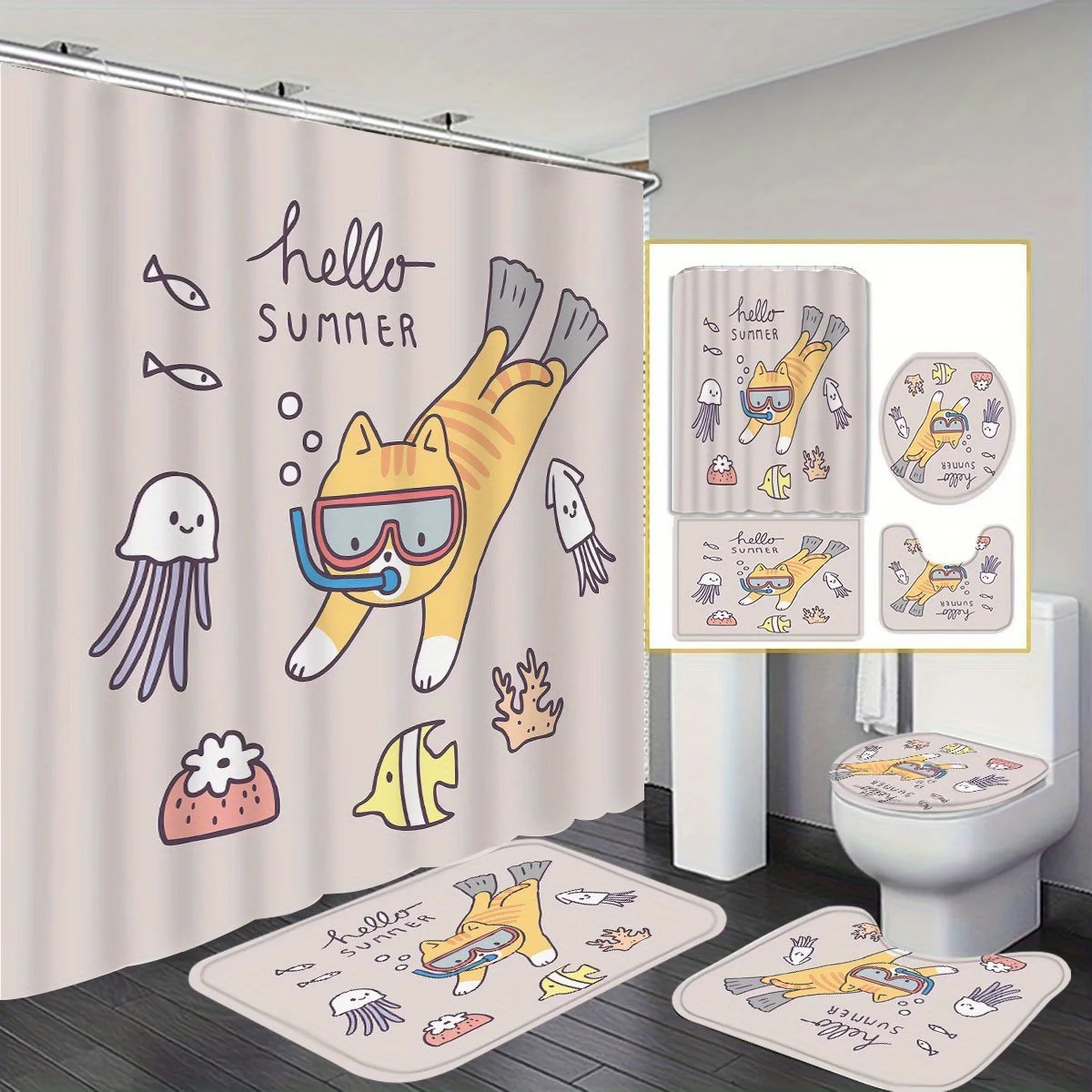 

Welcome summer Patterned Shower Curtain, High Quality, Polyester, Includes 4pc, Non-Slip Bath Mat, U-Shaped Toilet Seat and