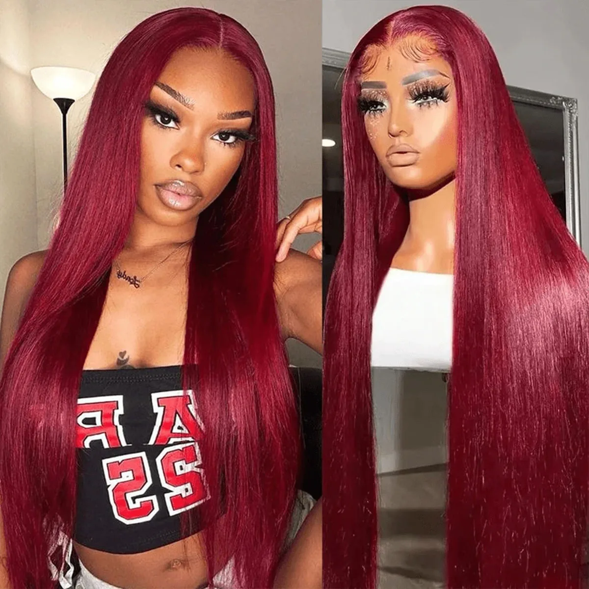 Premium Brazilian 99J Burgundy Wigs 34 Inch Shiny Bone Straight Texture 250 High Density 13x4 HD Lace Front Pre Plucked Hairline